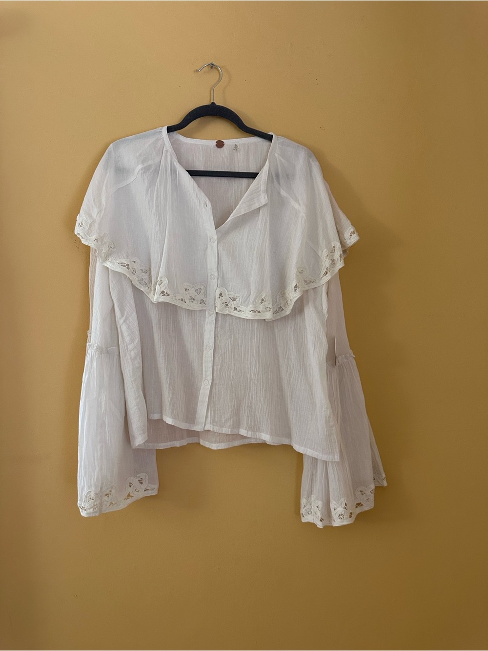 Free People White Eyelet-Trim Button Front Blouse